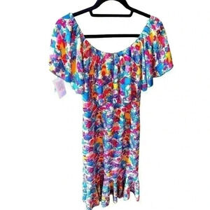 Lularoe 2X Pink floral off or one shoulder Cici dress. NWT. Mermaid hem.Vacation